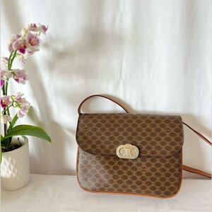 Celine Tan and Brown Patterned Crossbody Bag